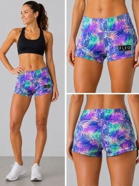 FLEO Tropical Palm Leaf Booty Shorts XS Purple Teal Athletic CrossFit